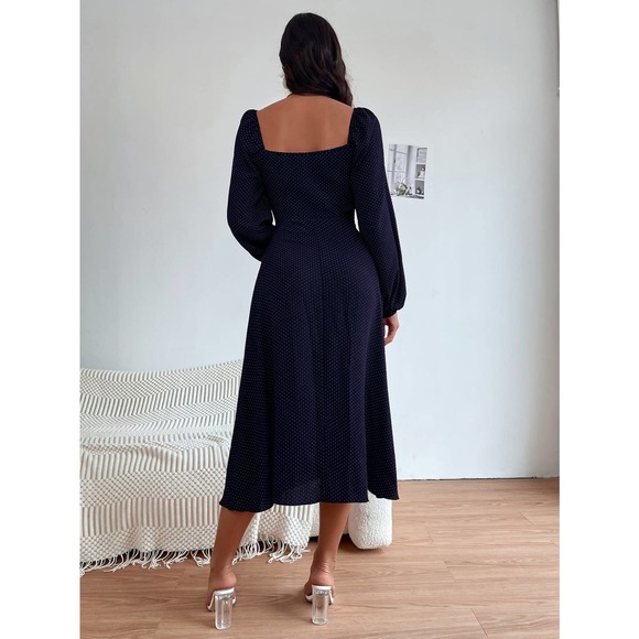 Polka Dot Print Knot Front Lantern long sleeve midi Dress rust brown - Picture 6 of 8